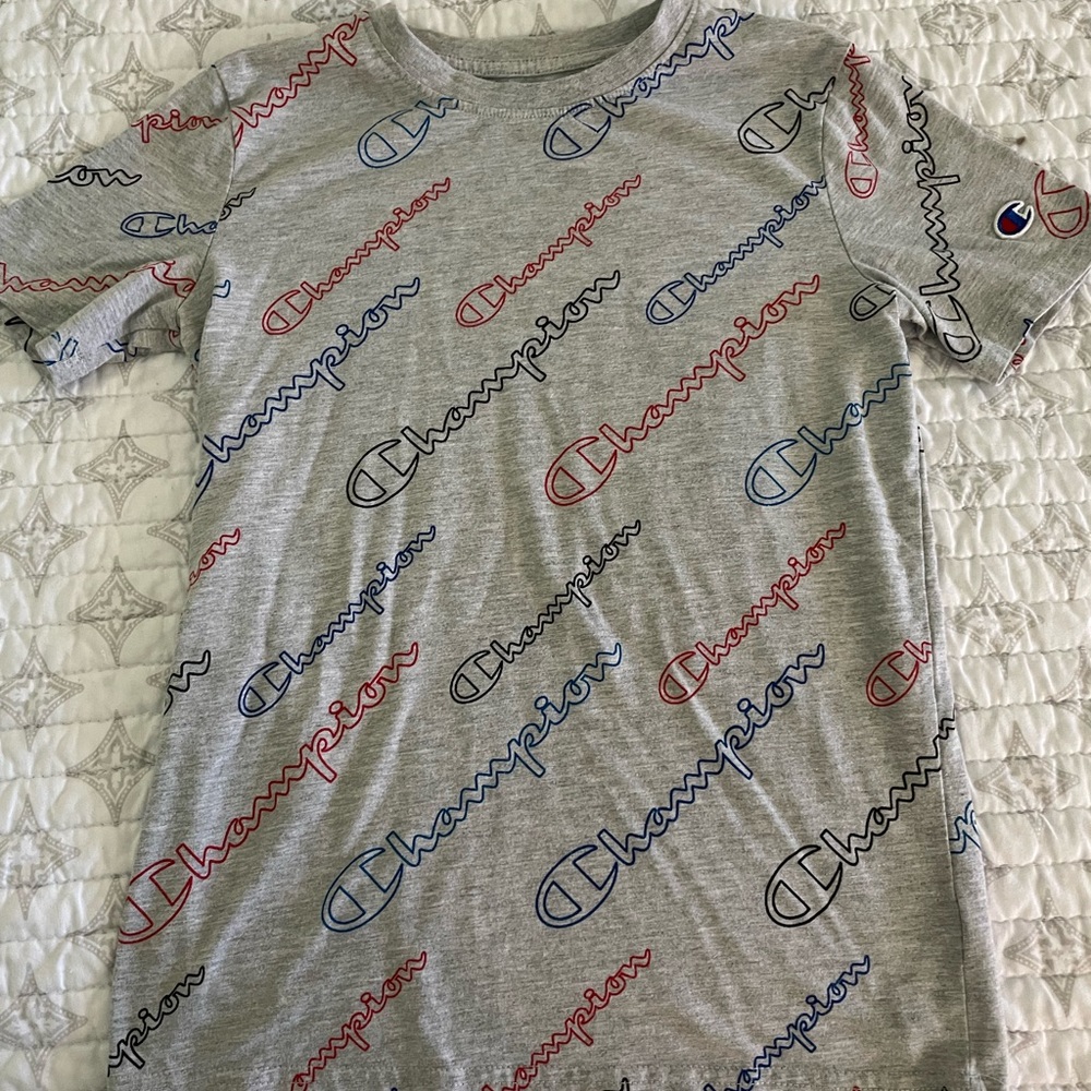 Boys Medium Champion multicolor scripted Tee. Worn once.  No damage, looks new